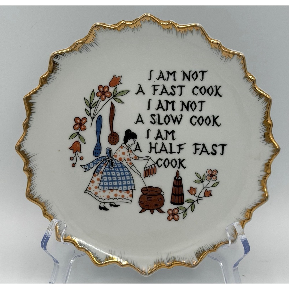 Decorative Kitchen Plate Plaque Gold Gilding I Am a Half Fast Cook Japan Vintage